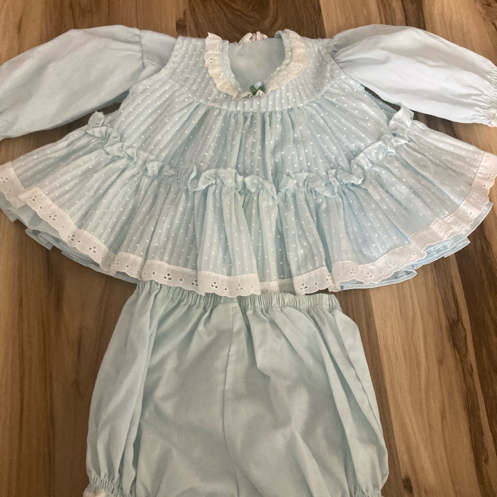 Bryan Blue Dress Size 6-9 Months White Lace Polka Dots Frilly Ruffle 3 Piece Vtg